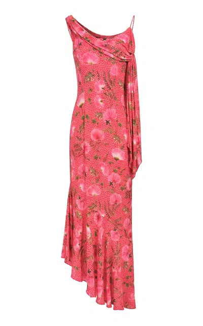 La Fuori Fuchsia Plume Draped Silk Dress In Pink