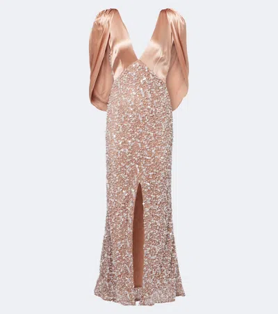 La Fuori Genevieve Sequined Draped Satin Gown In Beige
