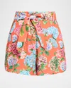 La Fuori Hand-painted Hydrangea Print Belted Shorts