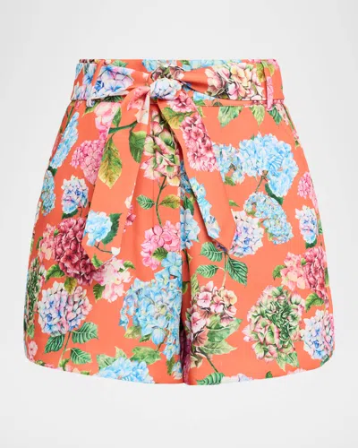 La Fuori Hand-painted Hydrangea Print Belted Shorts