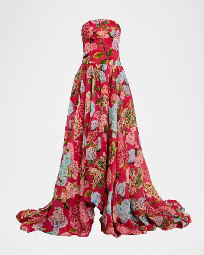 La Fuori Hydrangea-print Silk Organza Drop-waist Gown