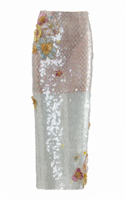 La Fuori Ice Bloom Embellished Midi Skirt In Blue