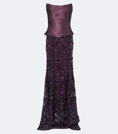 La Fuori Là Fuori Iris Embellished Silk Corset Gown In Purple