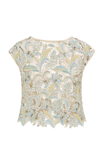 La Fuori Jardin Palmier Cutwork Crop Top In Blue