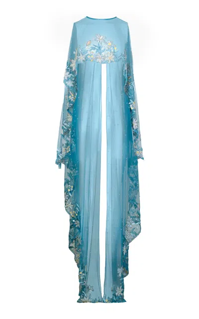 La Fuori Lily Garden Embroidered Tulle Cape In Blue