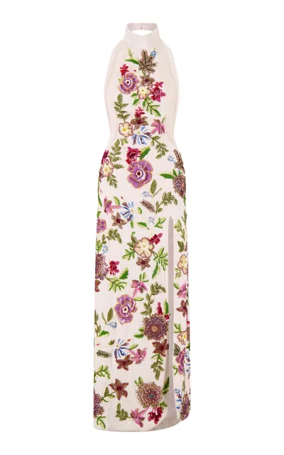 La Fuori Luminous Flounce Halter Embroidered Silk Gown In Neutral