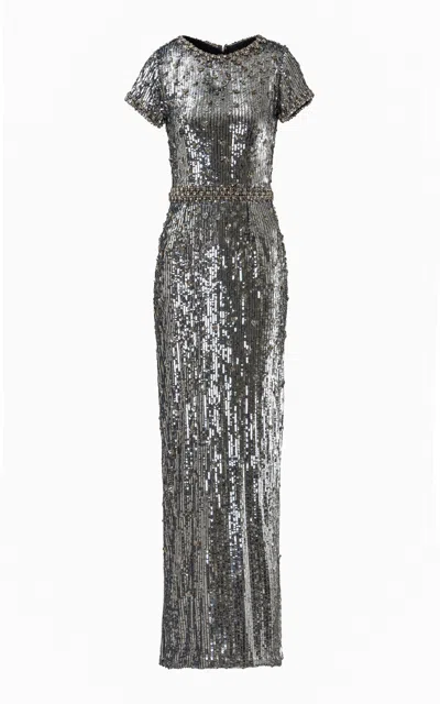 La Fuori Luna Luxe Embellished Maxi Dress In Gray