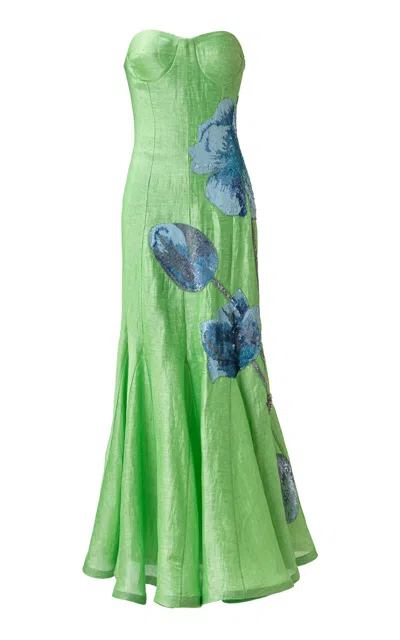 La Fuori Meadow Mist Embroidered Maxi Dress In Green