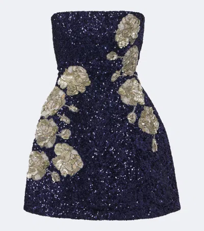 La Fuori Midnight Rosette Sequined Silk Corset Dress In Blue