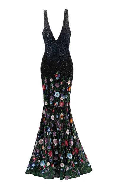 La Fuori Moonlit Bloom Garden Embellished Gown In Black