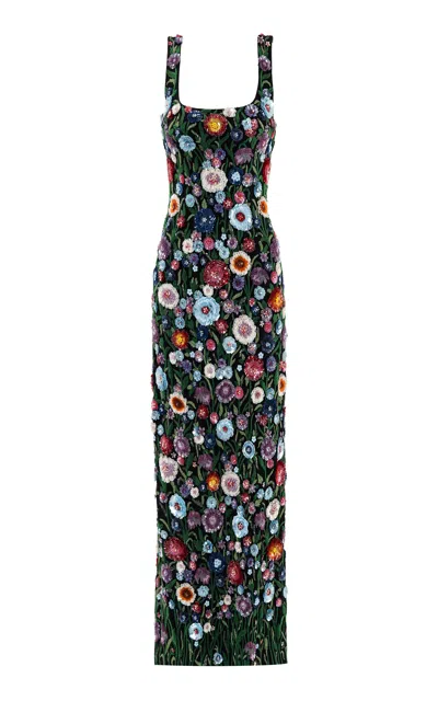 La Fuori Moonlit Bloom Garden Embellished Midi Dress In Blue