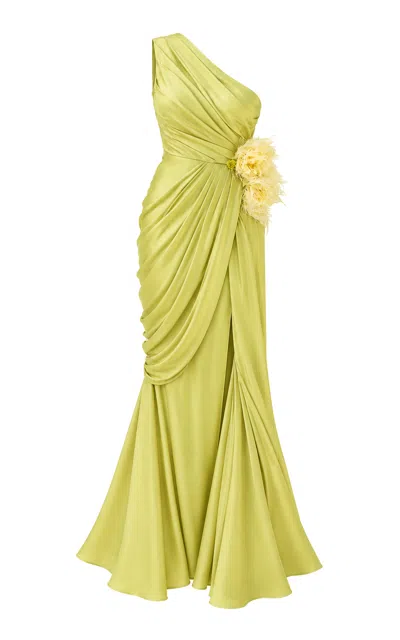 La Fuori Moss Petal Draped Silk Maxi Dress In Yellow