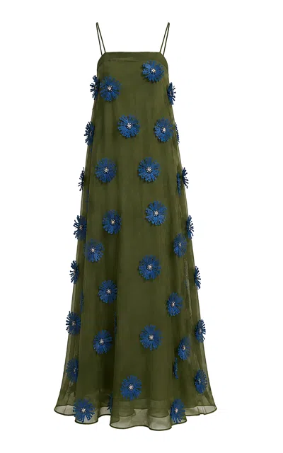 La Fuori Olive Oasis Floral-appliqué Maxi Dress In Green