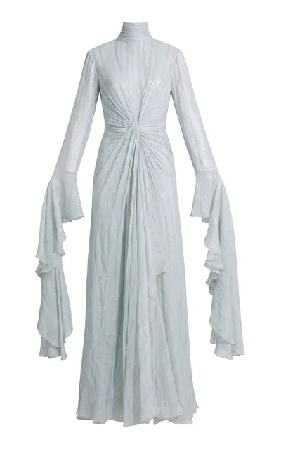 La Fuori Pearl Green Cascade Sculpted Silk Gown In Blue