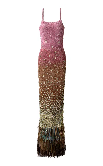 La Fuori Pink Mirage Fringe Maxi Dress