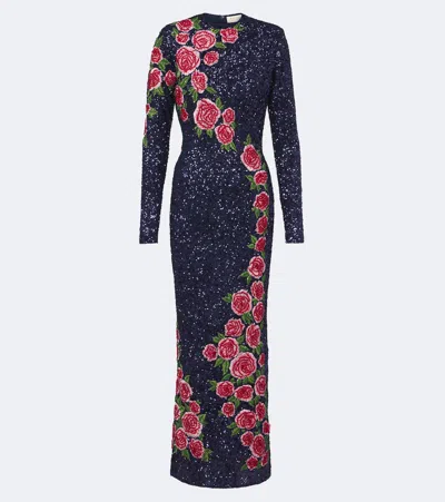 La Fuori Rose Nocturne Embellished Gown In Blue