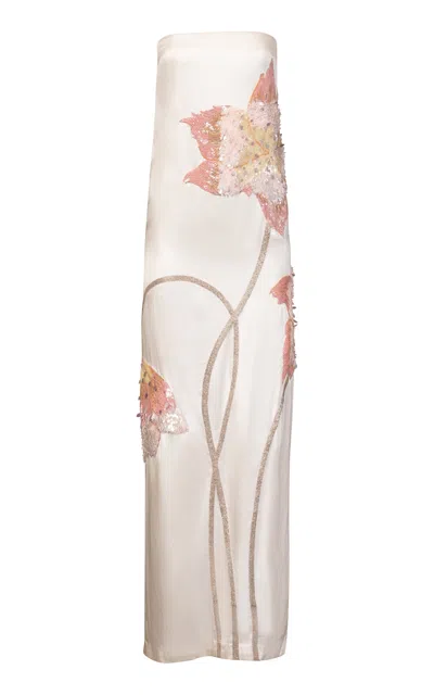 La Fuori Rosebud Embellished Silk Satin Maxi Dress In White