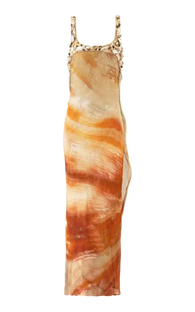 La Fuori Saffron Sunset Embellished Silk Maxi Dress In Brown