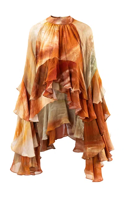 La Fuori Saffron Sunset Silk Chiffon Top In Brown
