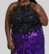 La Fuori Salena Satin Feather Top - Plus In Black Sparkle In Black