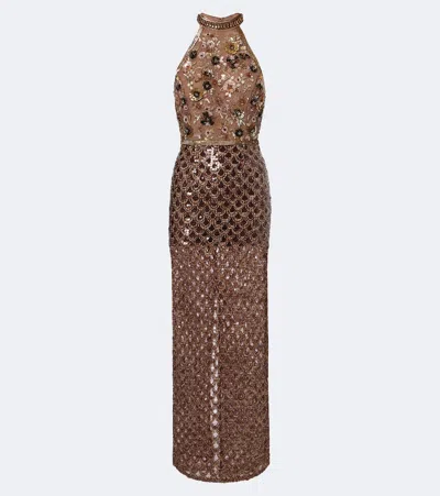 La Fuori Là Fuori Scales Of Gold Embellished Halterneck Gown In Brown