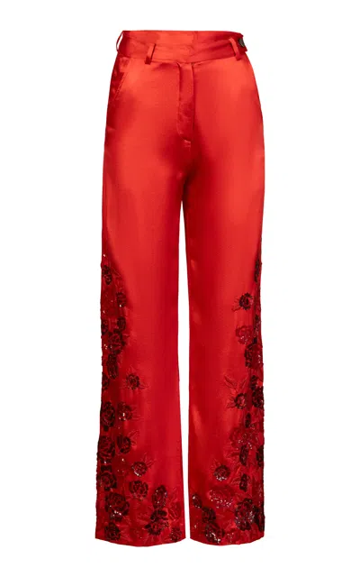 La Fuori Scarlet Rose Embroidered Silk Pants In Red