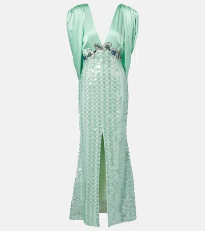 La Fuori Là Fuori Sequined Caped Open-back Gown In Blue