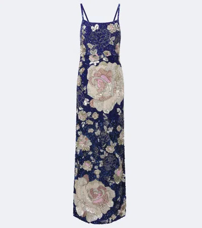 La Fuori Là Fuori Sequined Floral Gown In Blue