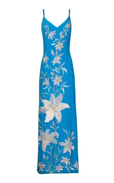 La Fuori Specialorder-aqua Lily Garden Emb Embroidered Silk Dress In Blue