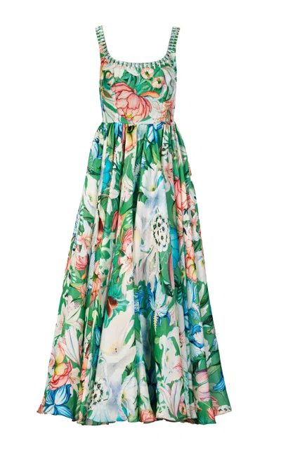 La Fuori Tropical Rhapsody Printed Silk Gown In Green