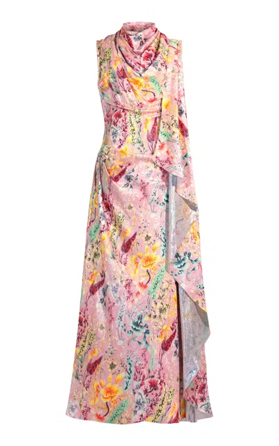 La Fuori Wildflower Reverie Draped Silk Dress In Multi