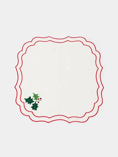 La Gallina Matta Krinkle Holly Embroidered Linen Placemats (set Of 4)  Abask Gift Set