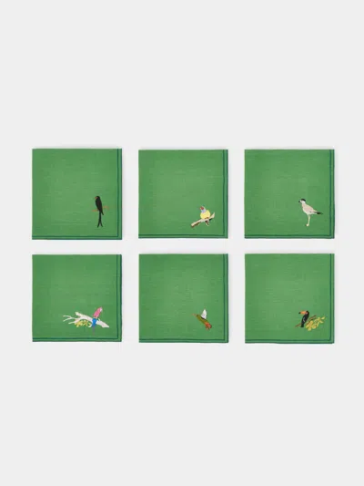 La Gallina Matta Set Of 6 Tropical Birds Embroidered Linen Napkins