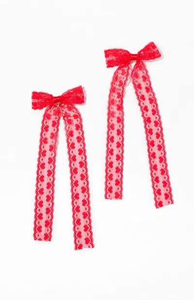 La Hearts 2 Pack Red Heart Bow Lace Hair Clips