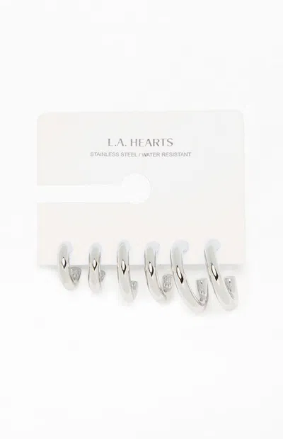 La Hearts 3 Pack Chunky Silver Hoop Earrings In Metallic