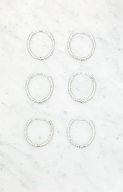 La Hearts 3 Pack Dainty Rhinestone Hoop Earrings In Silver In Metallic
