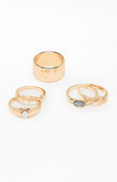 La Hearts 5 Pack Gem & Chunky Textured Rings In Gold
