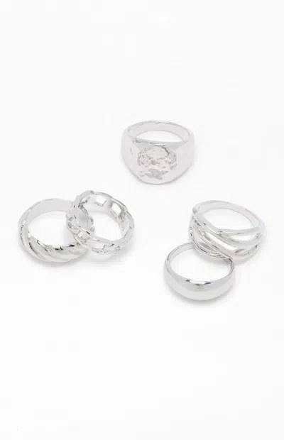 La Hearts 5 Pack Textured Chunky Rings In Silver
