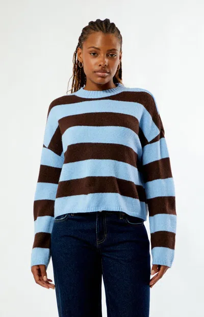 La Hearts Women's Striped Cozy Crew Neck Sweater In Lt. Blue/brown In Multi