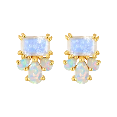 La Kaiser Women's Gold Opal & Rainbow Moonstone Empress Studs