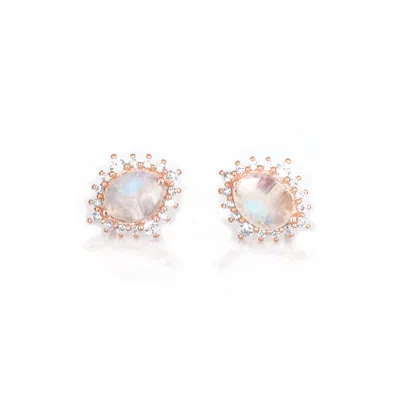 La Kaiser Women's Rose Gold Rainbow Moonstone & Diamond Flowerburst Studs