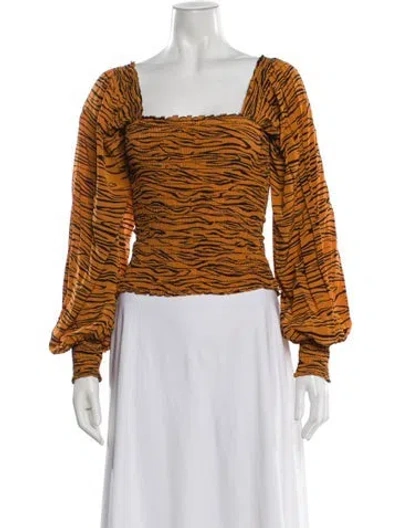 Pre-owned La Ligne Animal Print Square Neckline Blouse In Brown