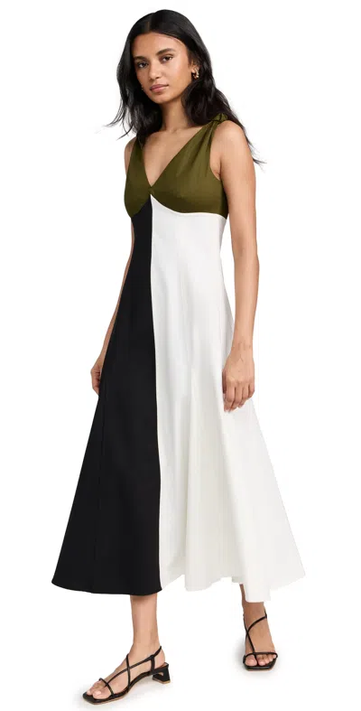 La Ligne Christine Color-block Cotton-blend Midi Dress In Olive/black/ivory