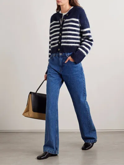 La Ligne Nyc Brushed Cashmere Cardigan In Navy/cream In Blue