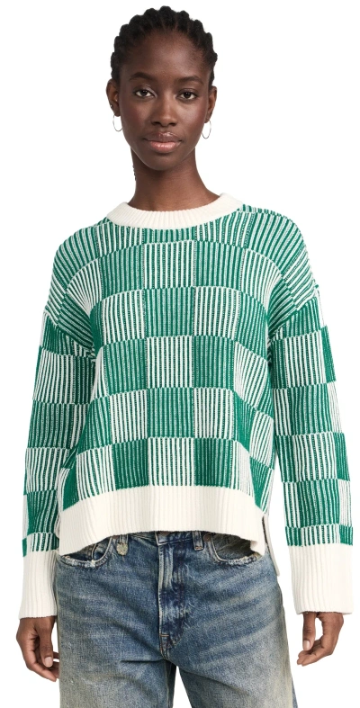 La Ligne Ribbed Checked Merino Wool And Cotton-blend Sweater In Ivory/kelly Green