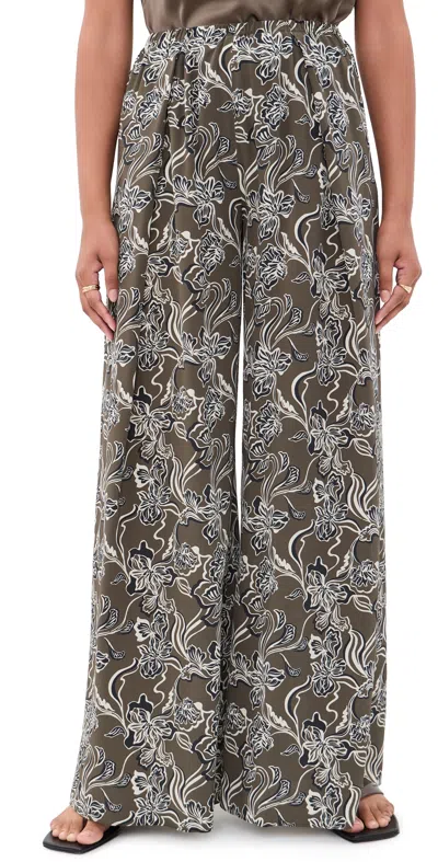 La Ligne Pleated Wide Silk Pants Taupe Floral In Green
