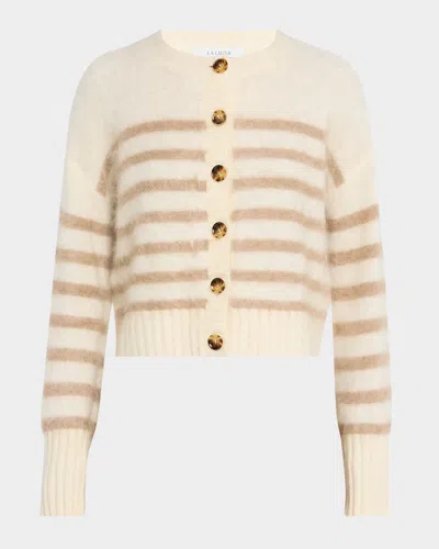 La Ligne Striped Brushed Cashmere Cardigan In Creamtan