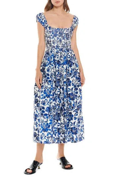 La Ligne Vivian Floral Smocked Bodice Cotton A-line Dress In Ivory/cobalt Floral
