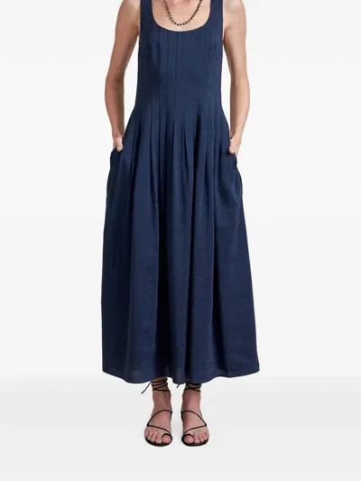 La Ligne Pleated Linen-blend Midi Dress In Blue