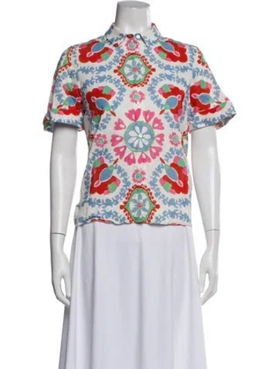Pre-owned La Maille Sezane Linen Floral Print Button-up Top In Red